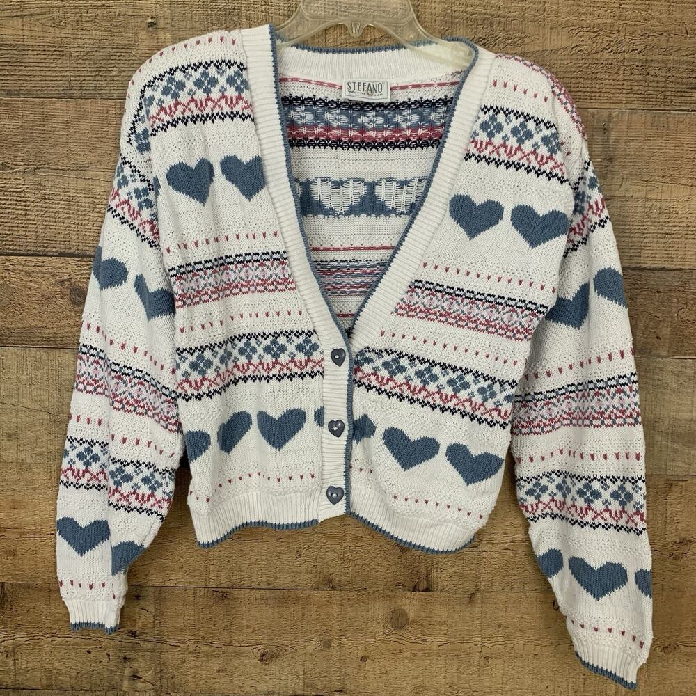 Vintage 1980’s Baby Blue Heart Cotton Knit Cardigan Sweater Sz S Coquette USA